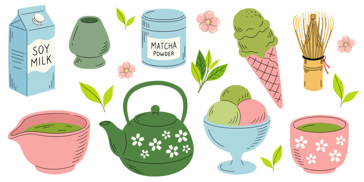 Cartoon set of matcha latte and ice cream. Fresh drink, ceramic cup, teapot, brewing pot, ice cream, milk. Hand drawn vector doodles, matcha lover club