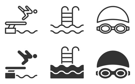 Swimming icons: diving board, pool ladder, swim cap, goggles in simple design.