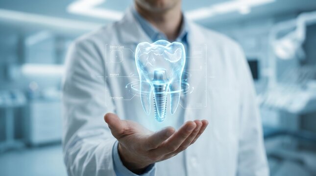 Male doctor holding glowing digital tooth model in hand with blue lab background