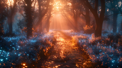 Obraz premium Cinematic Fantasy Forest at Night with Glowing Plants and Atmospheric Light Ultra Detailed Dreamy Composition