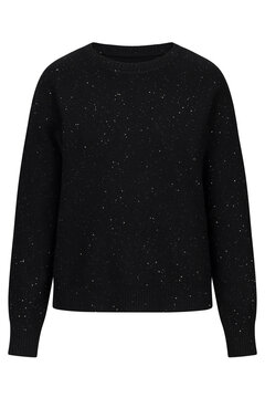 Speckled black crew neck sweater with long sleeves, studio isolated