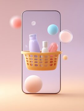 Cosmetic product basket pops out of smartphone screen with flying soap bubbles. Modern cosmetic product delivery service and online shopping concept. Minimalist beauty packaging design. vertical.