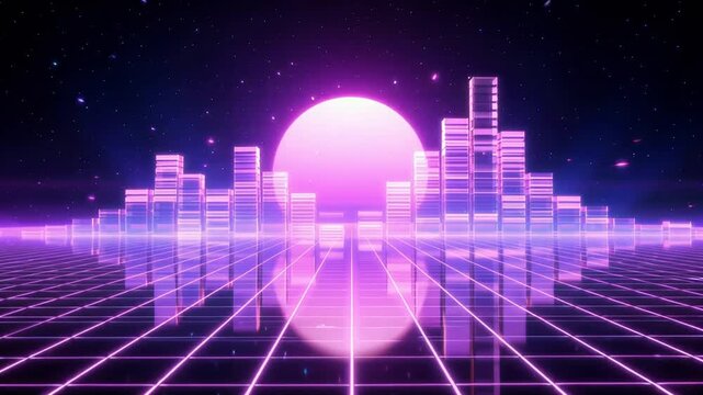Neon sunset city skyline with glowing digital grid reflecting over a dark synthwave motion background