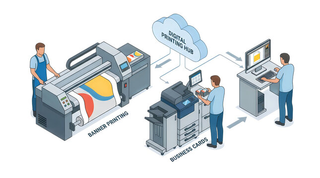 Digital printing hub diagram explains the workflow connecting graphic design software to banner printers and high-speed office document production machines.