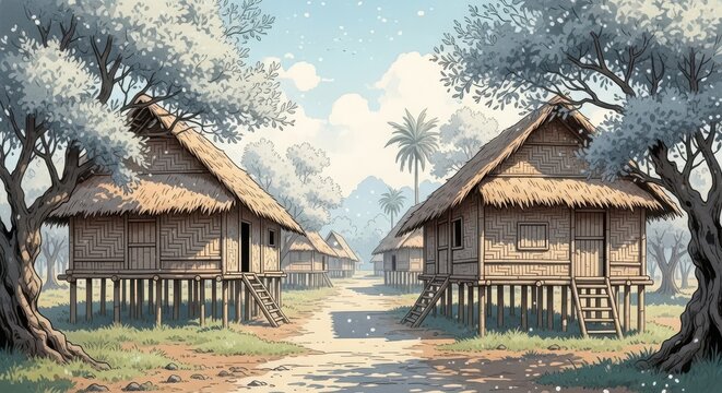 Ancient wooden stilt houses nestled in tropical village with palm trees background.