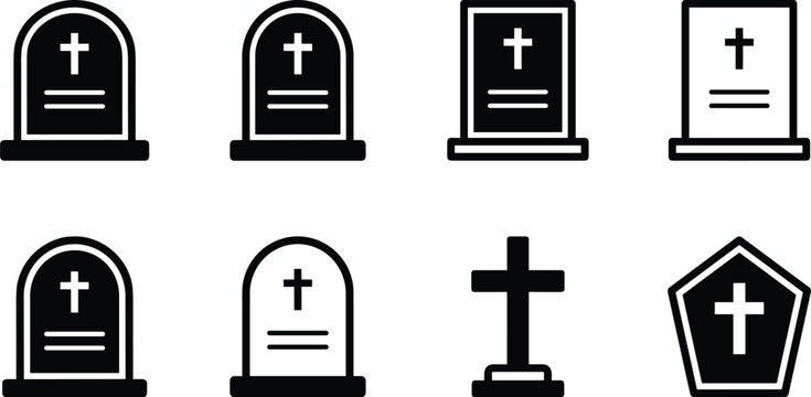 Set of grave and headstone icons with cross symbols and coffin silhouette for funeral services and halloween cemetery designs