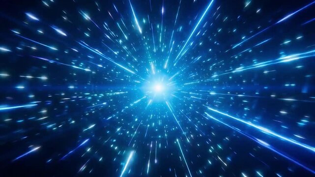 Bright blue light streaks moving fast through a dark space tunnel representing extreme warp speed