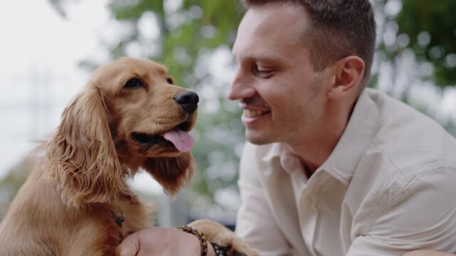A young man enjoys quality time with his adorable Cocker Spaniel puppy. They share a special bond, evident in their joyful interaction. Perfect for pet-related projects. Golden Cocker Spaniel Dog.