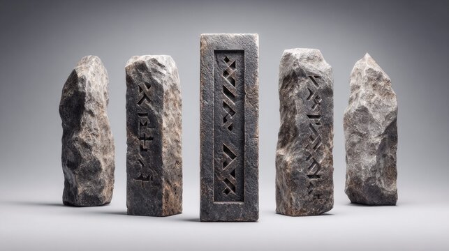 Ancient runestones with carved symbols stand in a row against a neutral background