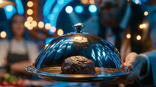 Competitive cooking finale moment as a judge lifts a cloche to reveal a dish, contestant in background holding breath, dramatic theatrical lighting overhead, perfect for competitive cooking, culinar