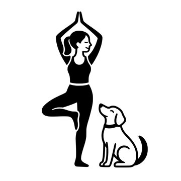 Woman Doing Yoga Tree Pose with Dog Vector Illustration