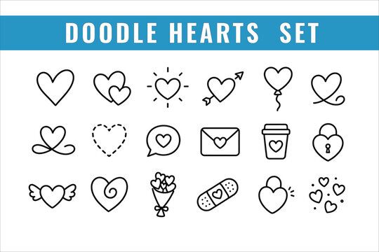 Doodle hearts set with various cute heart icons and symbols