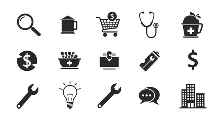 Collection of black business and service icons on white background including shopping cart money tools and healthcare symbols © PABITRA