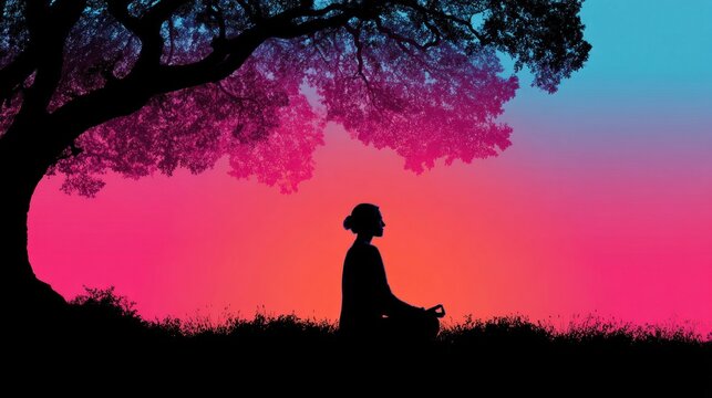 Silhouette of a woman meditating under a tree against a vibrant sunset sky