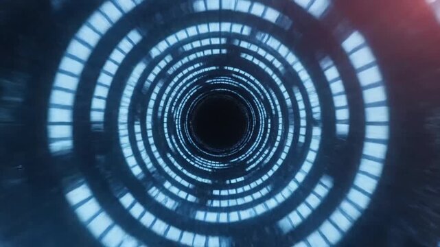 Abstract glowing blue digital tunnel with concentric light circles leading to darkness