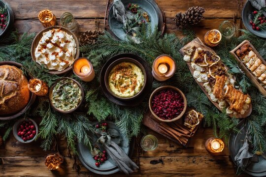 Overhead view of a Christmas brunch table with homemade dishes and fir greenery, cozy candles, copy space