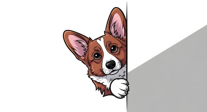 Corgi peeking around corner cartoon