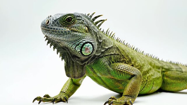 A highly detailed lizard is shown standing perfectly still. The reptile is isolated against a clean, solid white background