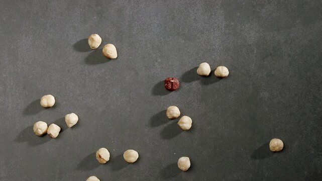 Close-up shot of scattered hazelnuts on a dark surface, with a single red chickpea standing out. Conceptual image depicting uniqueness, individuality, and contrast. Scattered Hazelnuts