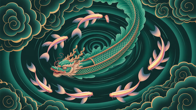 Dragon surrounded by koi fish and clouds in a circular pattern with illustration