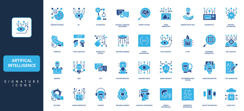 Artificial intelligence, machine learning and robotics glyph icon set. Natural language processing, generation of ideas, text and images, sounds solid vector illustration