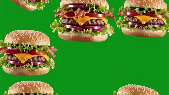 Delicious beef burgers falling loop. Fast food frame border animation isolated on green screen chroma key background for menu design.