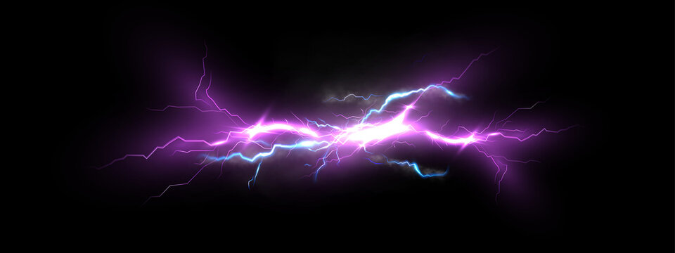 Glowing electric lightning strike with neon plasma sparks smoke and thunder flash on dark background.
