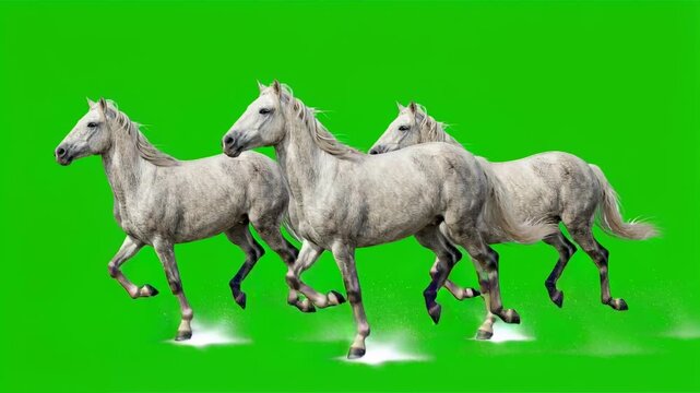 camargue horses running isolated on green screen for vfx projects