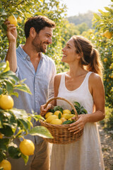 Obraz premium Couple harvesting fresh lemons in a sunny orchard together