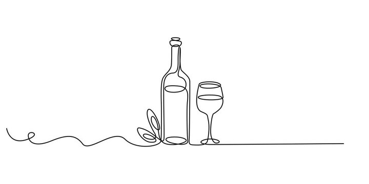 bottle of wine with wineglass continuous one line drawing animation, Self-drawing of a bottle of wine and a groan of grapes in one line on a white screen. Stock cartoon video with alcohol in 4k
