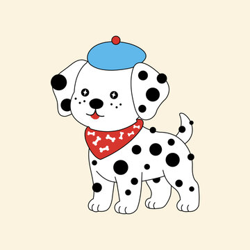 A stylish Dalmatian charater illustration featuring an adorable spotted puppy wearing a blue beret and red bandana