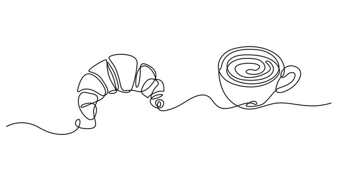 Coffee cup and croissant continuous line drawing animation.,Coffee cup and croissant continuous line drawing animation.Coffee cup with croissant continuous line drawing animated video. Breakfast symbo
