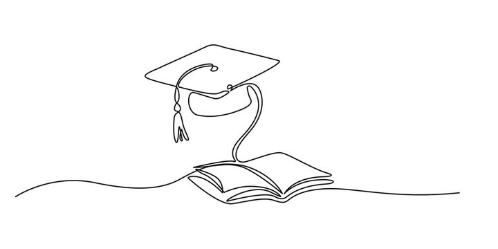 Graduation hat and open book continuous line drawing animation. Animated education linear concept video.Self drawing of continuous one line drawing Graduation hat on books, Animated education linear