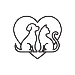 Obraz premium Black outline icon of a dog and a cat sitting together inside a heart shape symbol Vector
