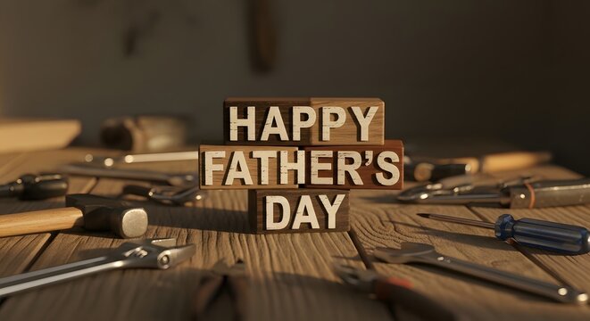 Wooden blocks with Happy Fathers Day message on workbench with tools