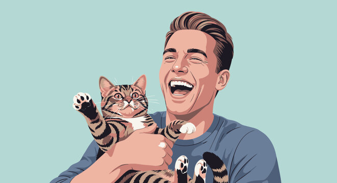 Joyful man laughing with his adorable tabby cat.
