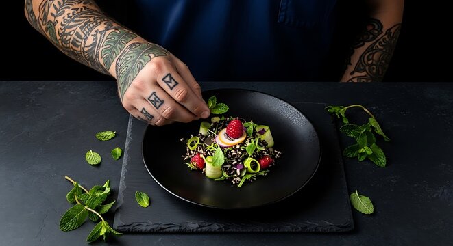 Hand adding fresh raspberry to a bowl of healthy grain salad with herbs