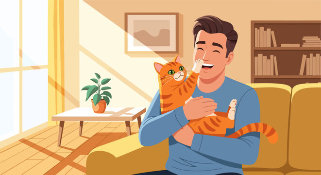 Man joyfully embracing his beloved orange tabby cat.