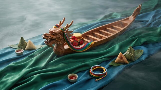 Dragon boat model, traditional cultural element, celebrating Dragon Boat Festival, ancient Chinese holiday, Duanwu, featuring classic zongzi rice dumpling, authentic realgar wine, colorful thread.