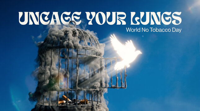 Poster for World No Tobacco Day with a glowing bird flying out of a smoke cage. Uncage Your Lungs.