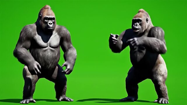Two gorillas perform an engaging and energetic dance. Their powerful movements are clearly visible against a green screen background