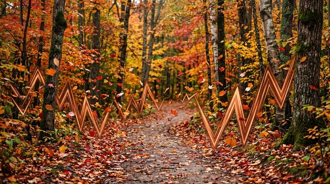 Sharp burnt orange and copper energy waves rise between colorful falling leaves on an autumn forest path, resembling dynamic staccato beats.