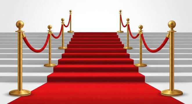 Red carpet leading up a grand staircase with golden stanchions and velvet ropes, representing exclusivity and prestige.