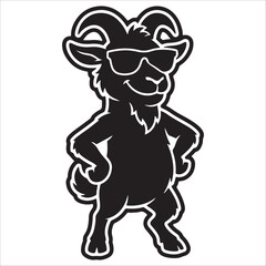 Fototapeta premium Funny cool goat cartoon mascot wearing stylish sunglasses in black silhouette style. Cute farm animal vector illustration isolated on background. Playful goat character design suitable for stickers, T