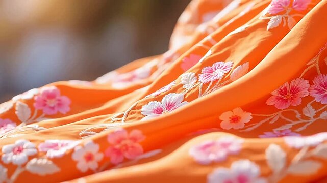 Orange fabric with pink and white flowers