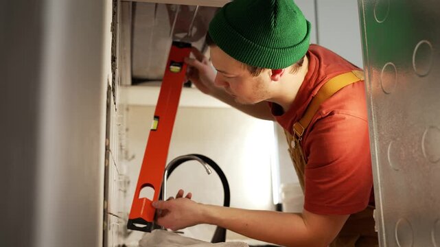 Concentrated young male builder in work overalls using a bubble level tool to ensure precise alignment on a wall during a home improvement and reconstruction project in a modern kitchen