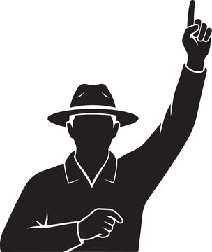 Silhouette of a man wearing a hat pointing his finger up as a gesture of success or identifying a clear important point silhouette vector
