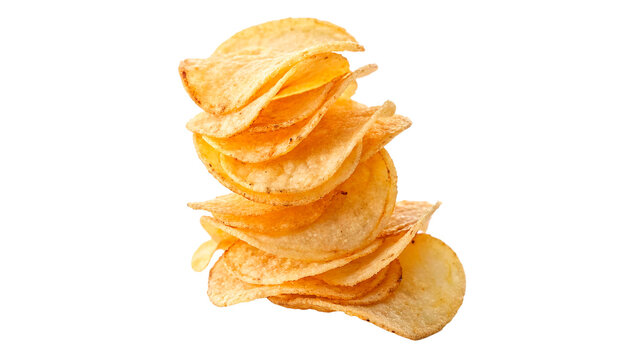 Pile of crispy golden potato chips for delicious fast food snack and party catering menu isolated on transparent background
