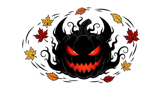Black shadow demon pumpkin with leaves isolated on a transparent background