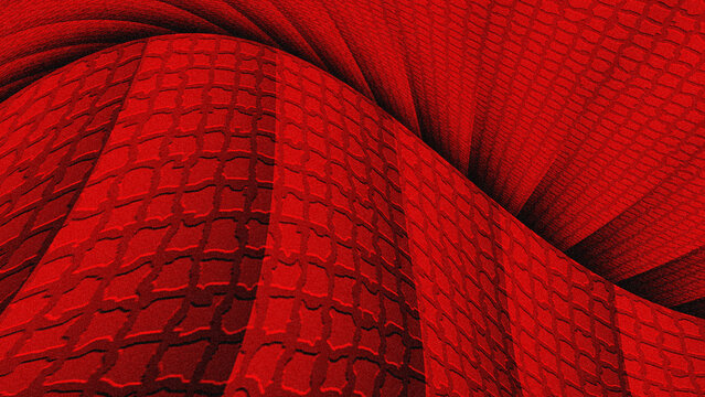 Deep red waves ripple with textured grid patterns. The surface flows undulating, rich in warm, saturated tones. Each crease echoes a tactile, fabric-like quality. Ideal for bold, abstract